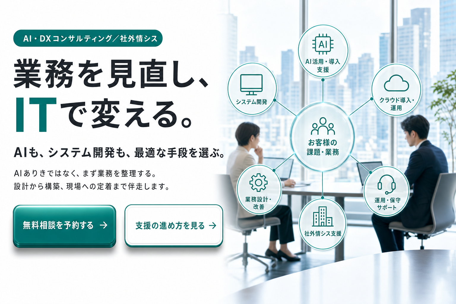 業務を見直し、ITで変える。AI・DXコンサルティング／社外情シス。AI活用・システム開発・クラウド活用・業務改善・社外情シスを、業務最適化を起点に組み合わせて支援します。